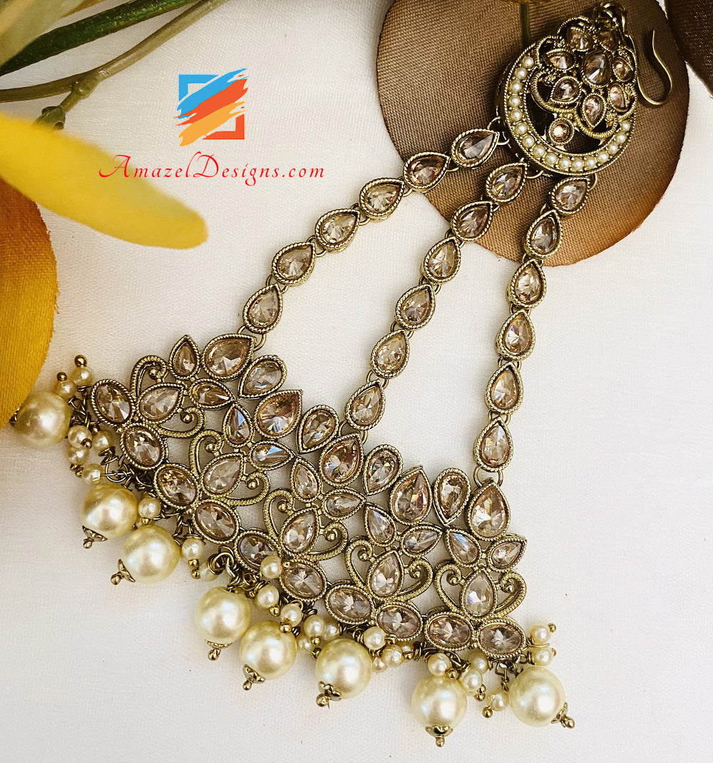 Polki Champagne Bridal Necklace Choker Earrings Tikka Nath And Pasa Set
