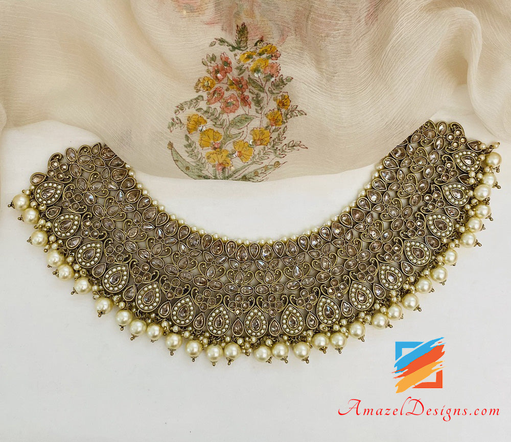 Polki Champagne Bridal Necklace Choker Earrings Tikka Nath And Pasa Set