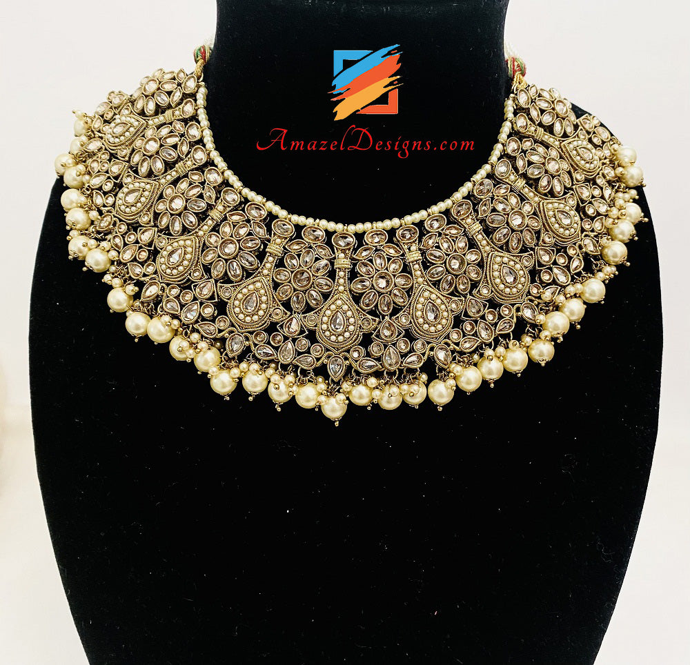 Polki Champagne Bridal Necklace Choker Earrings Tikka Nath And Pasa Set
