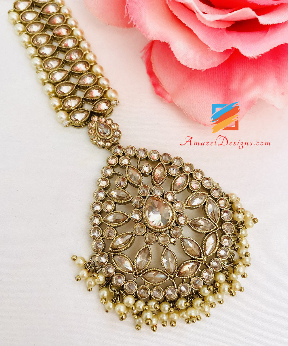 Polki Champagne Color Earrings Tikka Set