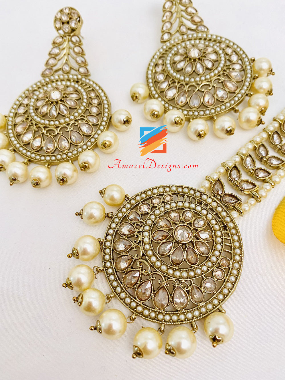 Polki Champagne Earrings Tikka Set