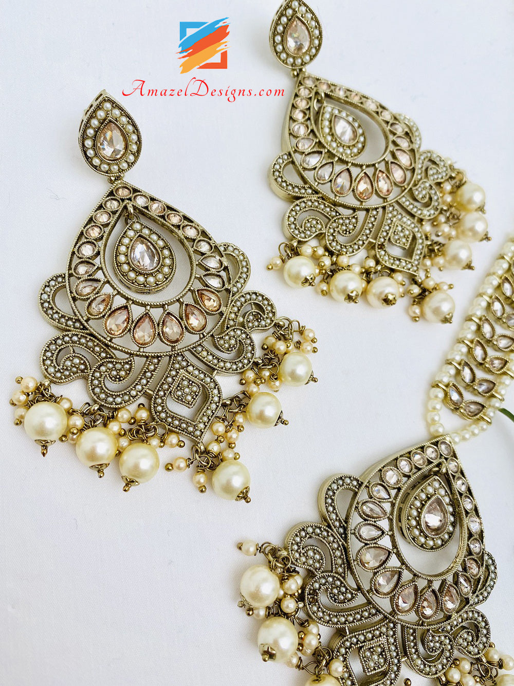 Polki Champagne Earrings Tikka Set