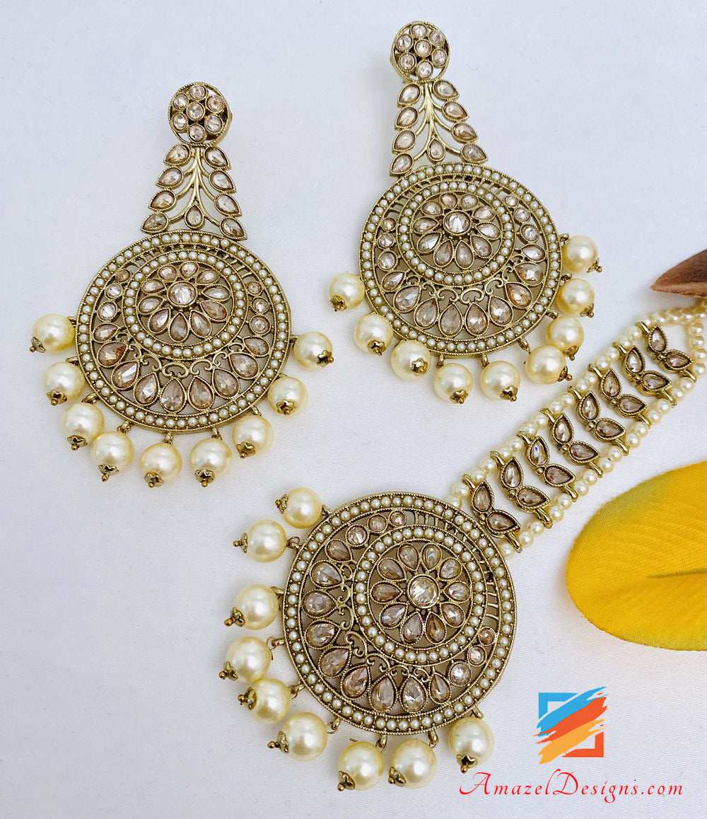 Polki Champagne Earrings Tikka Set