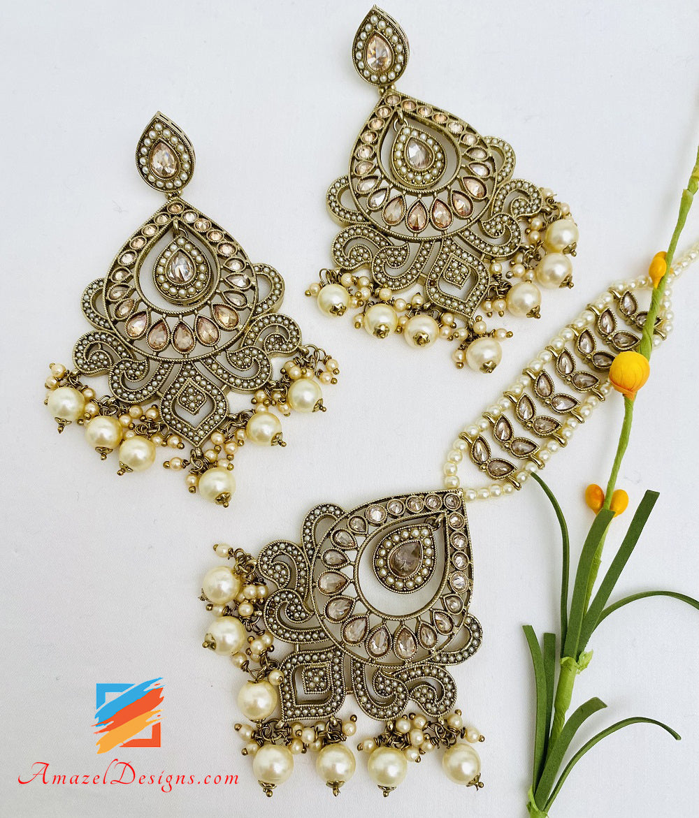 Polki Champagne Earrings Tikka Set