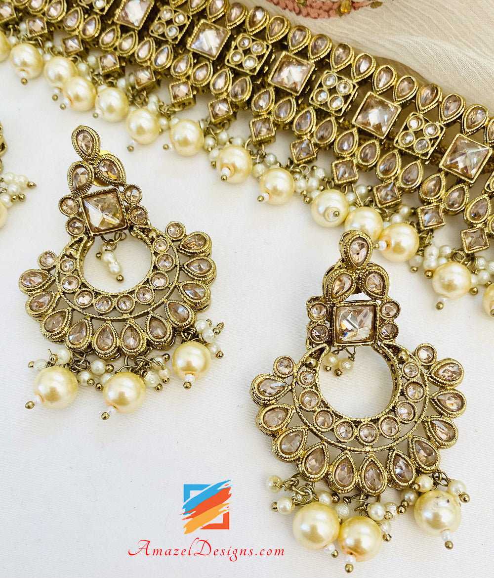 Polki Champagne Flexible Choker Necklace Earrings Tikka Set