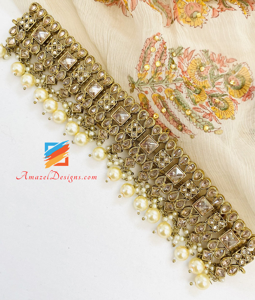 Polki Champagne Flexible Choker Necklace Earrings Tikka Set