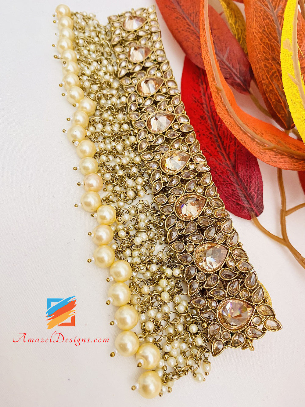 Polki Champagner Flexibles Halsband-Halsketten-Ohrring-Tikka-Set