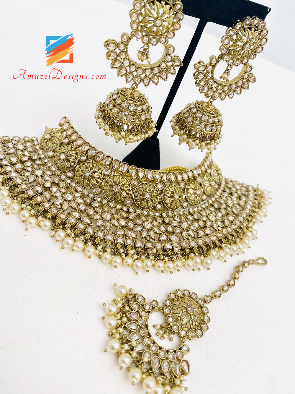Polki Champagne Golden Choker Necklace Earrings Tikka Set