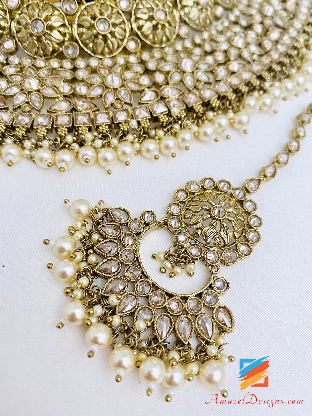 Polki Champagne Golden Choker Necklace Earrings Tikka Set