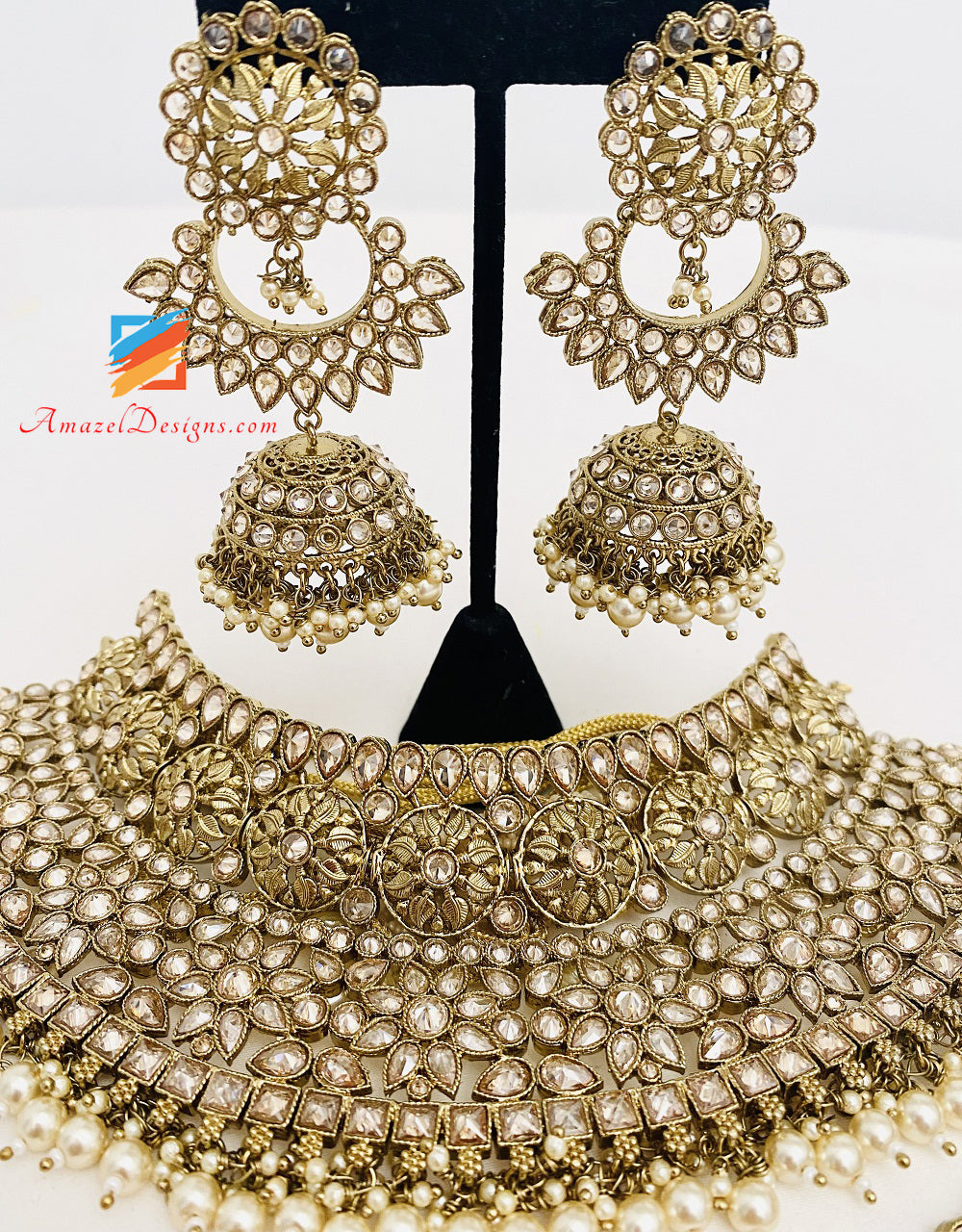 Polki Champagne Golden Choker Necklace Earrings Tikka Set