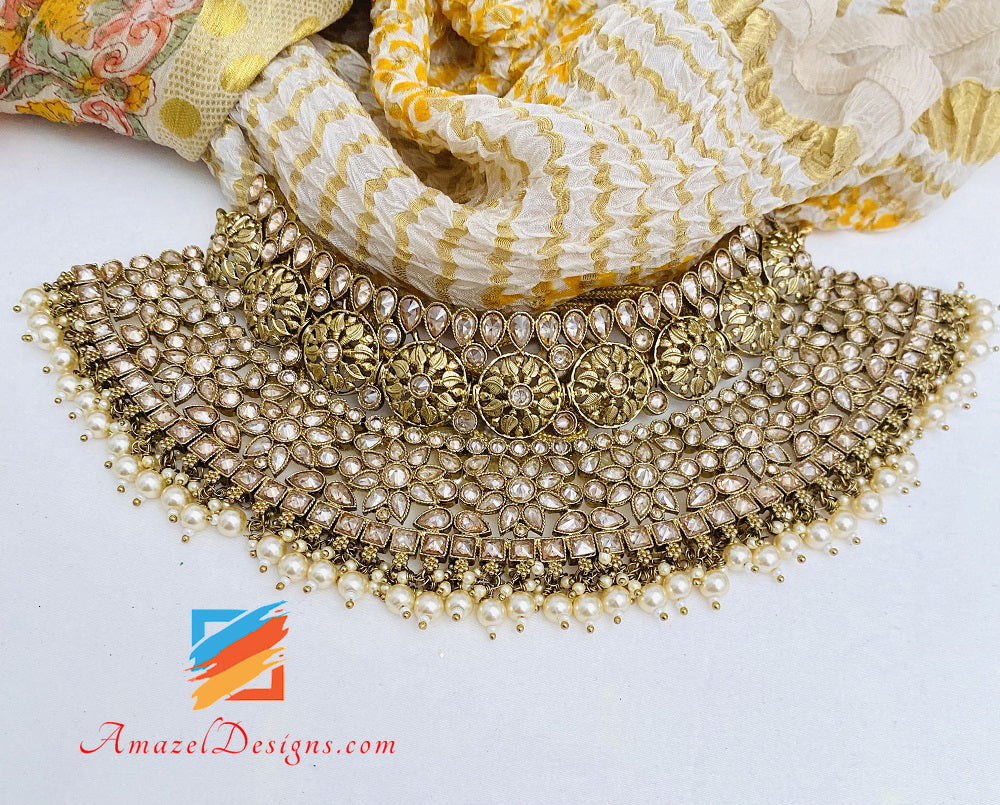 Polki Champagne Golden Choker Necklace Earrings Tikka Set