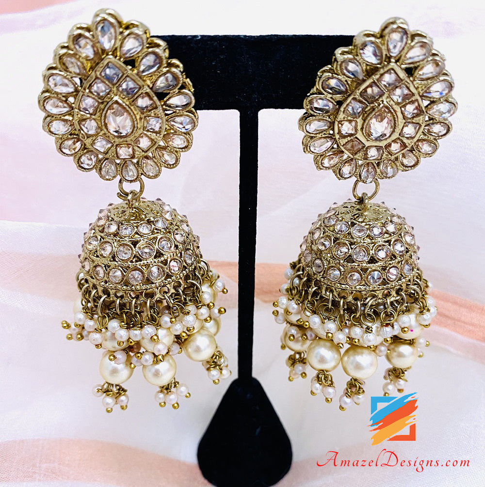 Polki Champagne Jhumki With Bunches of Pearls
