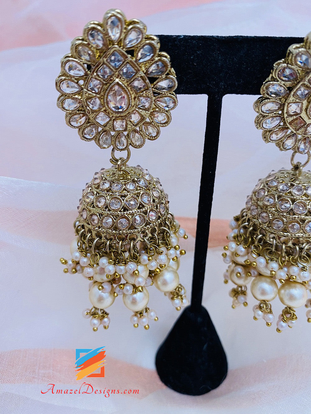 Polki Champagne Jhumki With Bunches of Pearls
