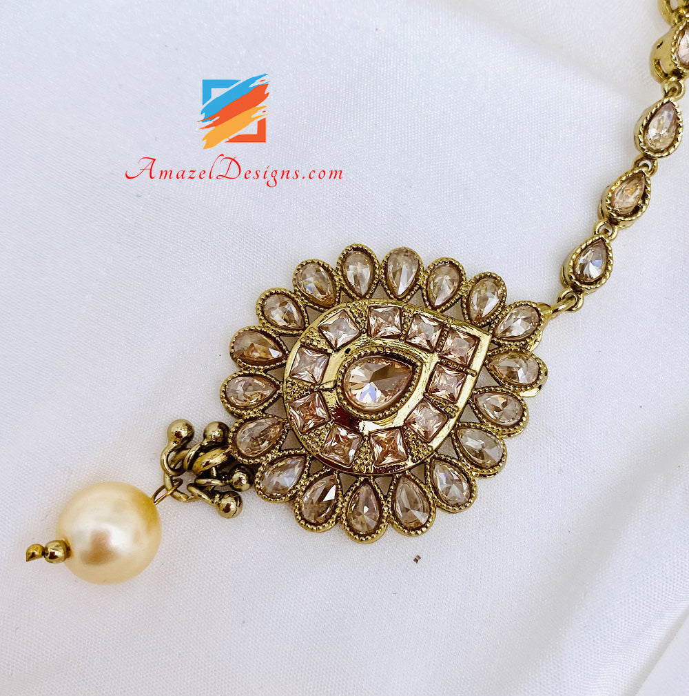 Polki Champagne Jhumki With Bunches of Pearls
