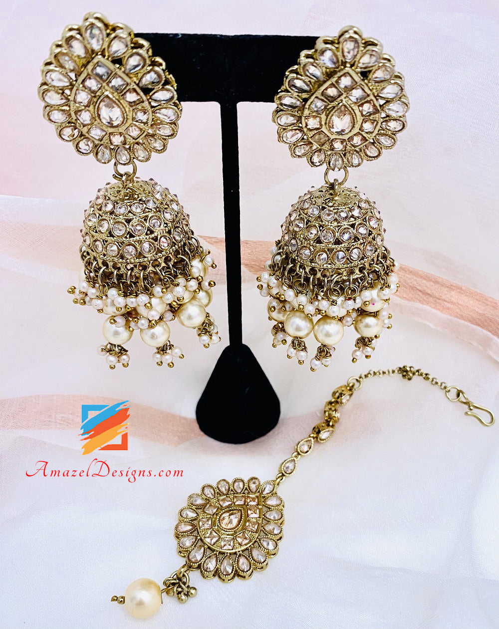Polki Champagne Jhumki With Bunches of Pearls