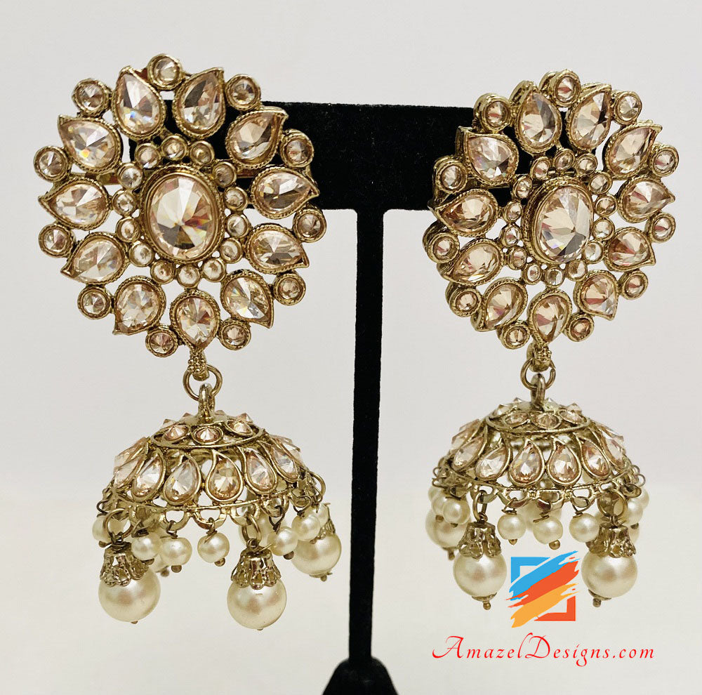 Polki-Champagner-Halskettenverdienst mit Jhumki-Tikka-Set