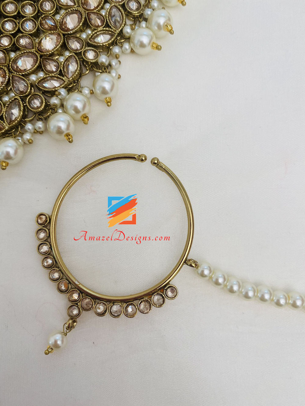 Bridal Polki Champagne Necklace Earrings Tikka Passa And Nath Set