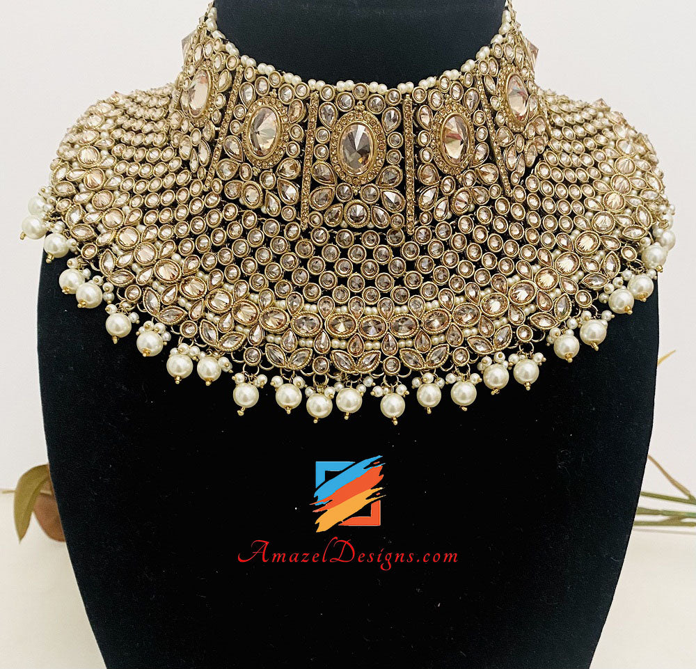 Bridal Polki Champagne Necklace Earrings Tikka Passa And Nath Set