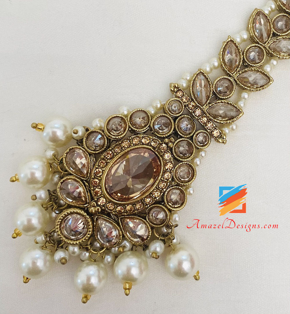 Bridal Polki Champagne Necklace Earrings Tikka Passa And Nath Set