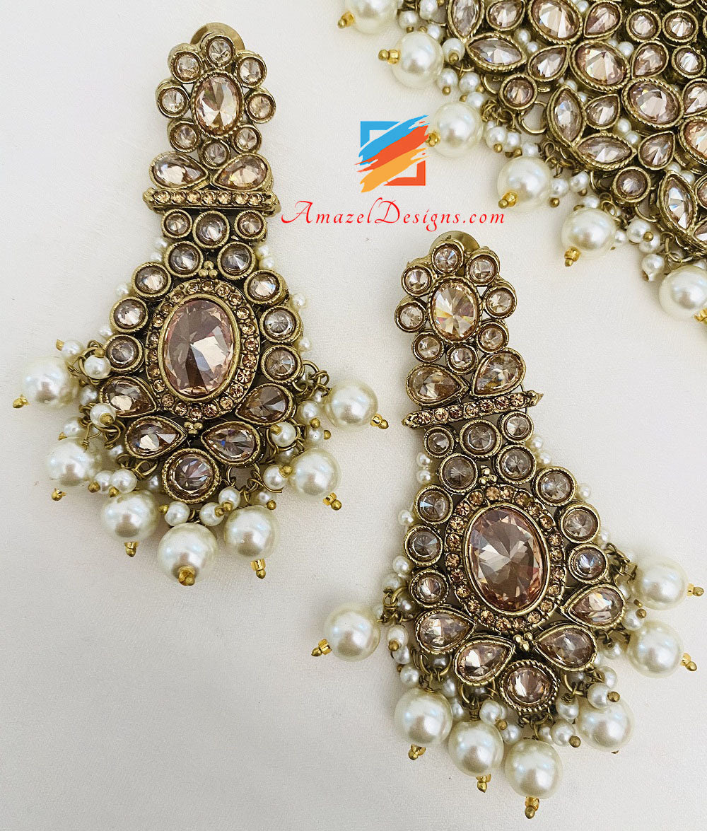 Bridal Polki Champagne Necklace Earrings Tikka Passa And Nath Set