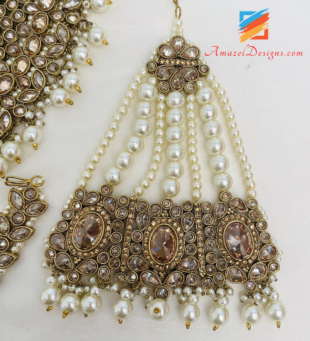 Bridal Polki Champagne Necklace Earrings Tikka Passa And Nath Set