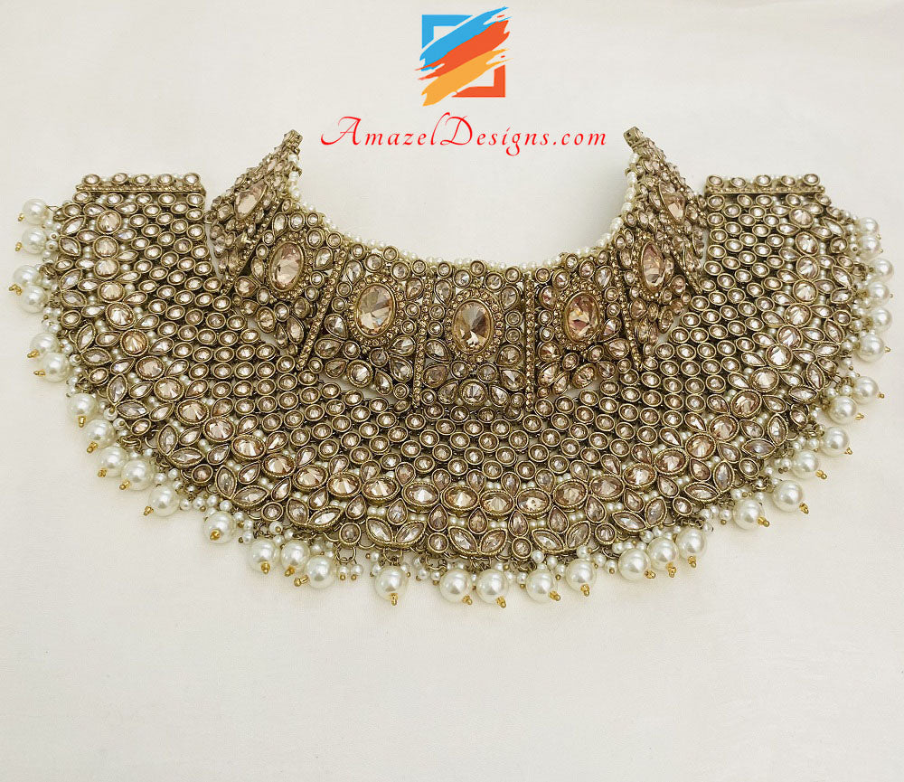 Bridal Polki Champagne Necklace Earrings Tikka Passa And Nath Set