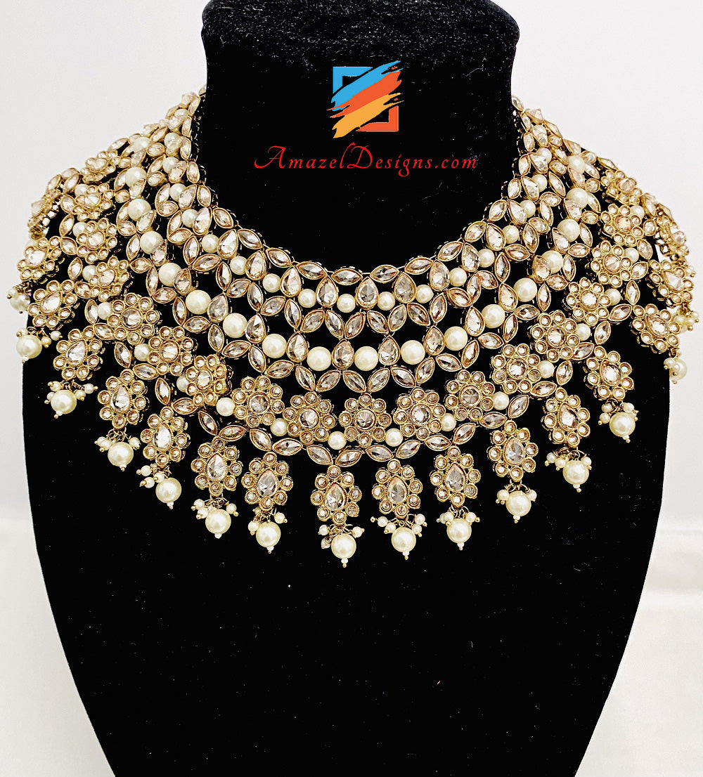 Polki Champagne Necklace Earrings Tikka Set