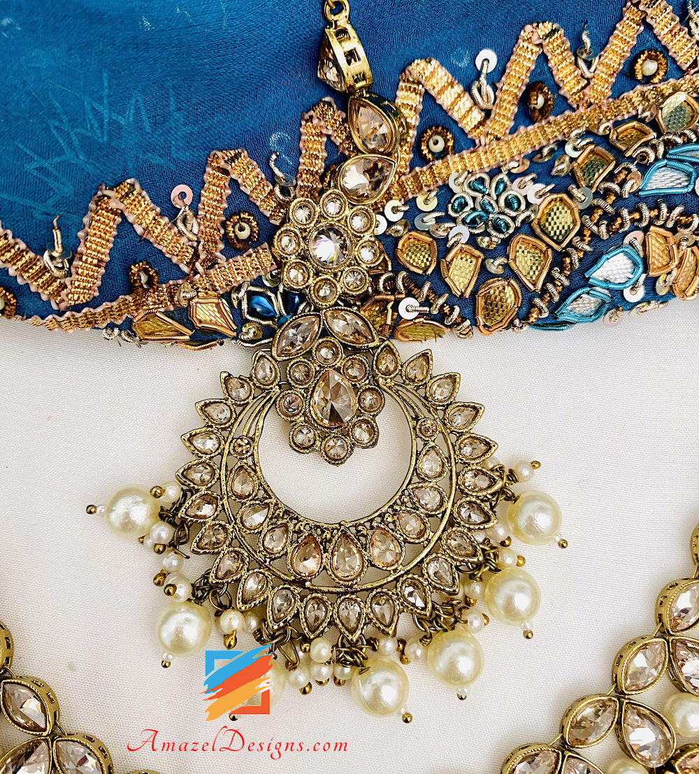 Polki Champagne Necklace Earrings Tikka Set