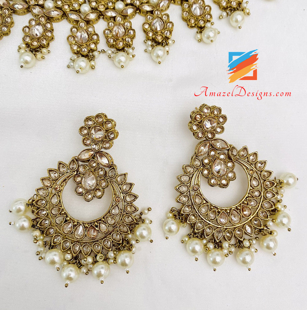 Polki Champagne Necklace Earrings Tikka Set