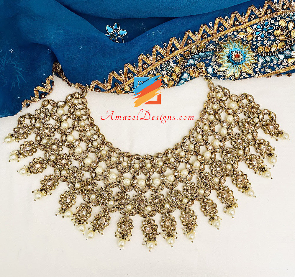 Polki Champagne Necklace Earrings Tikka Set