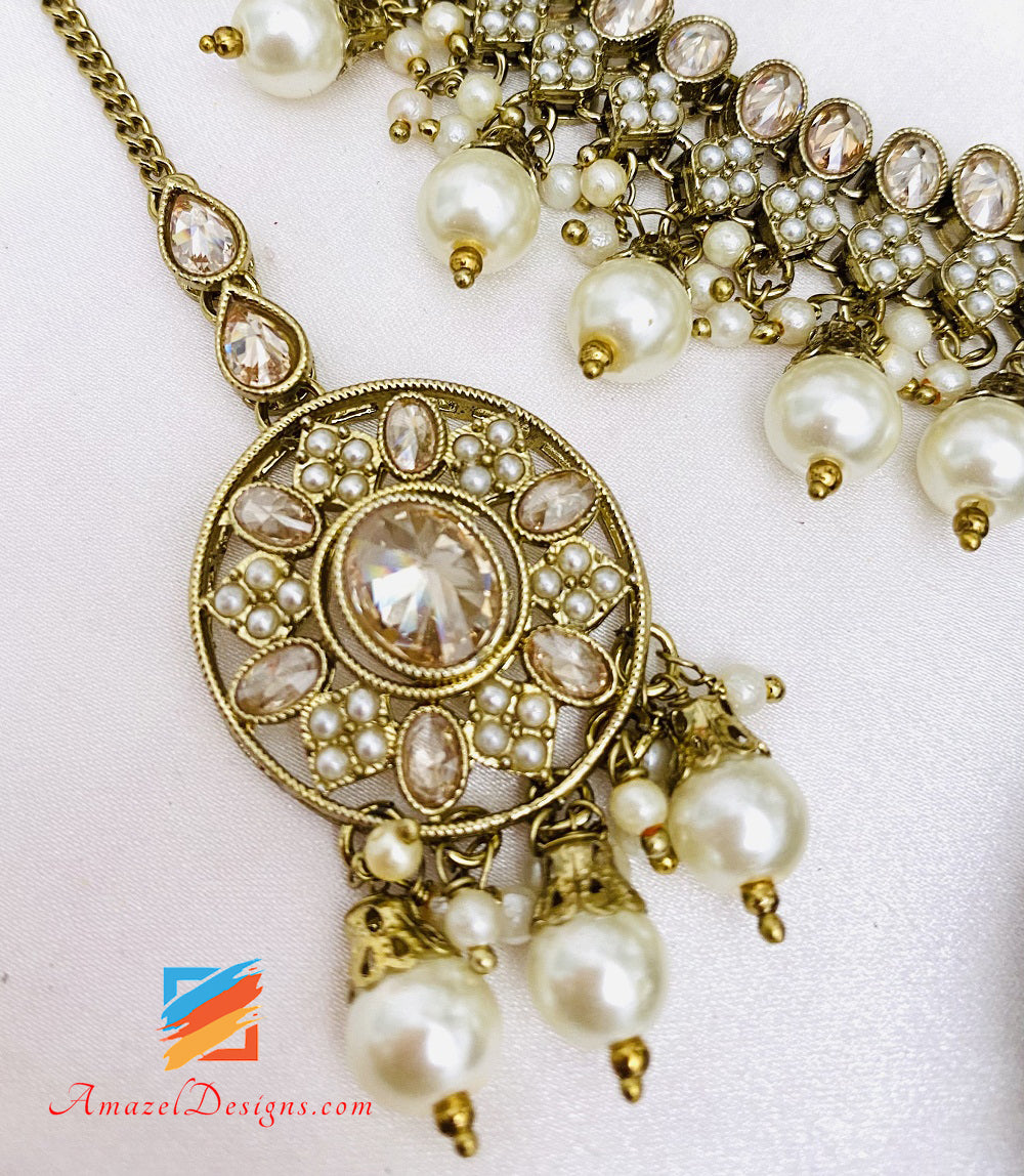Polki Champagne Necklace Jhumki Earrings Tikka Set