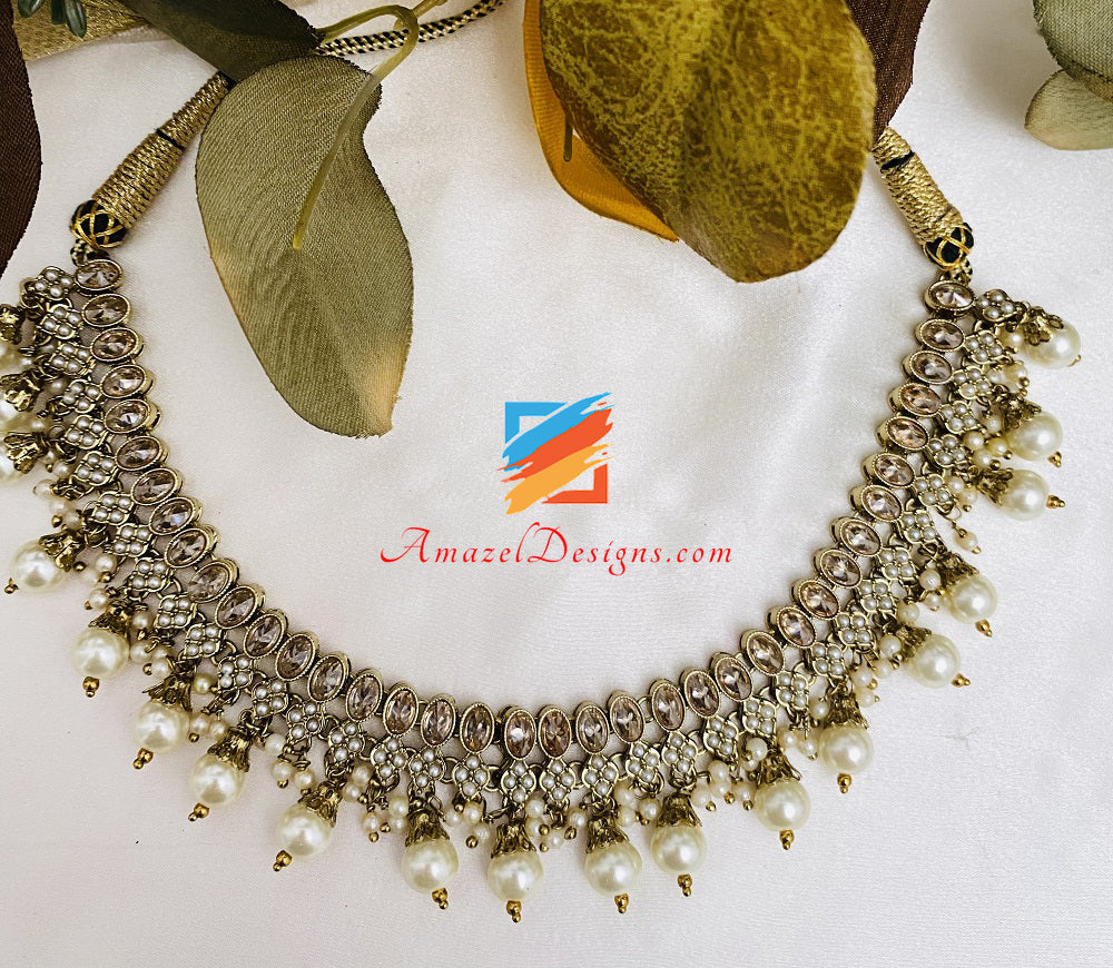 Polki Champagne Necklace Jhumki Earrings Tikka Set
