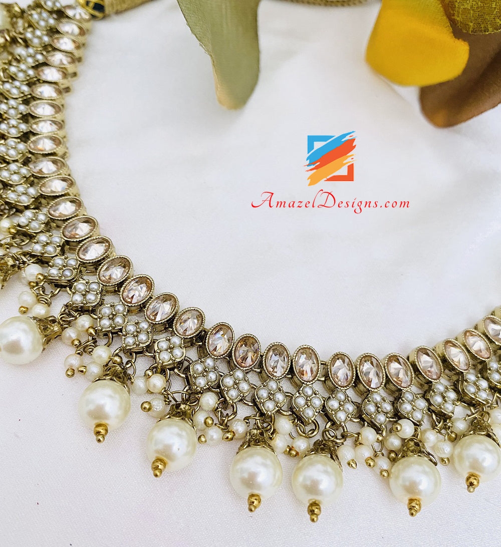 Polki Champagne Necklace Jhumki Earrings Tikka Set