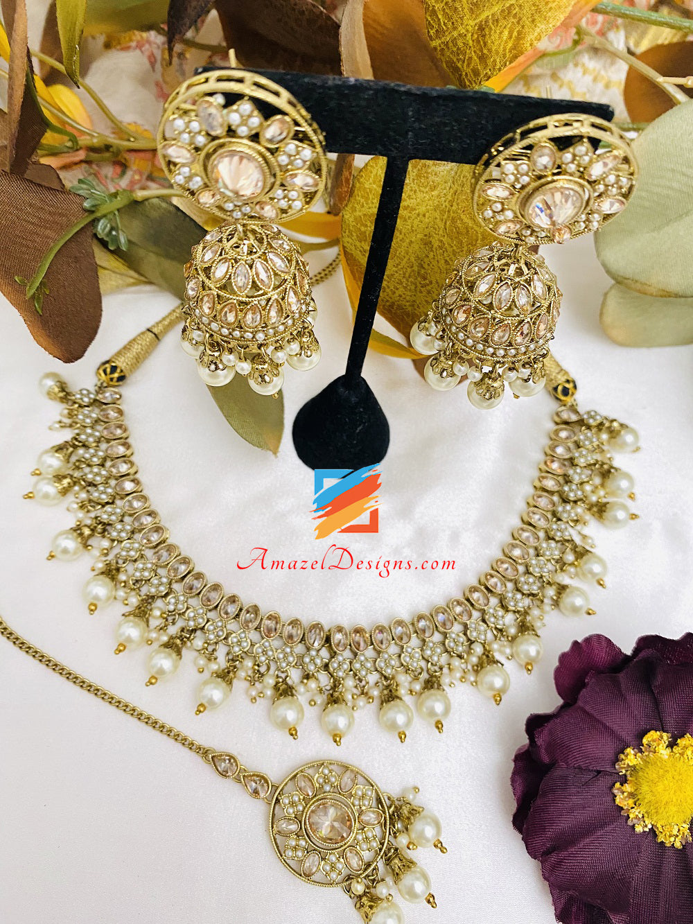 Polki Champagne Necklace Jhumki Earrings Tikka Set