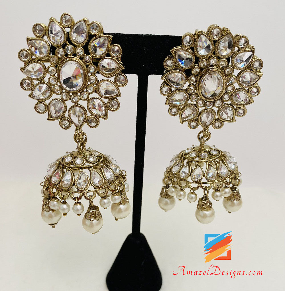 Polki Clear Stone Necklace Earrings With Jhumki Tikka Set