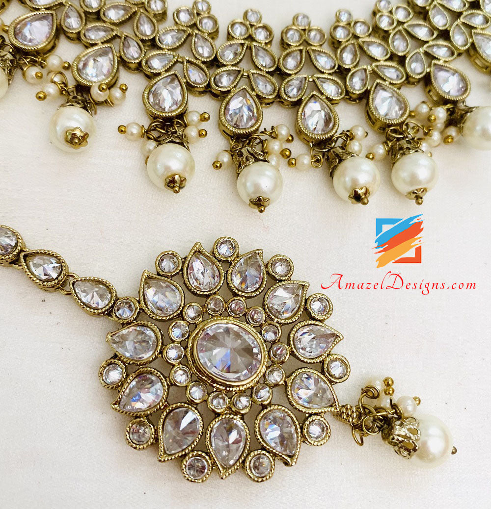 Polki Clear Stone Necklace Earrings With Jhumki Tikka Set