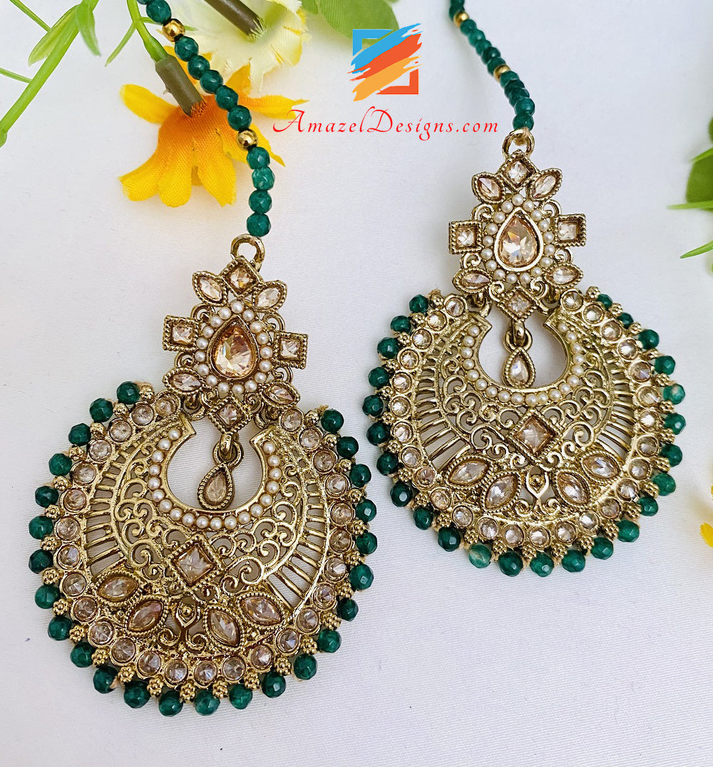 Orecchini Polki Emerald Green Tikka Set Saharas