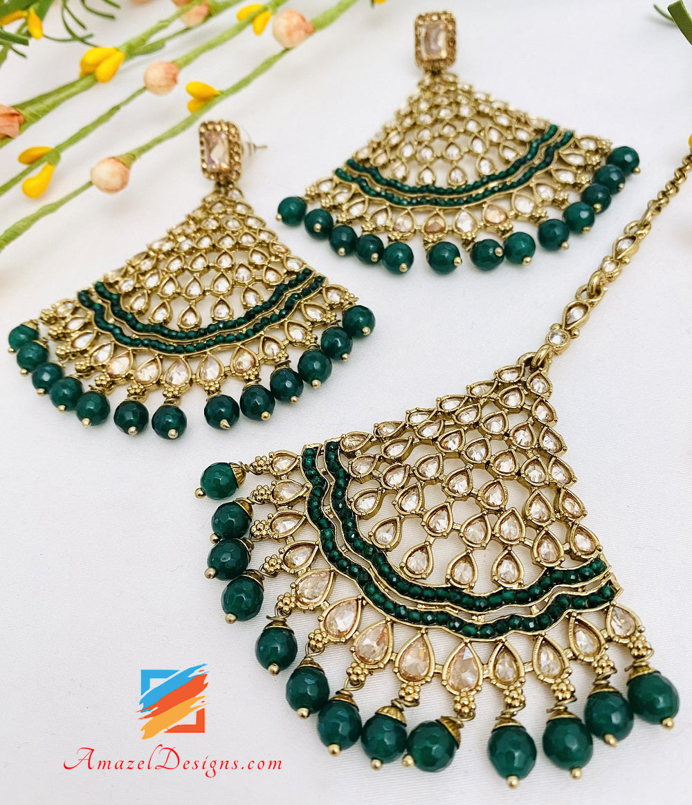 Polki Tikka verde smeraldo e orecchini Set Polki