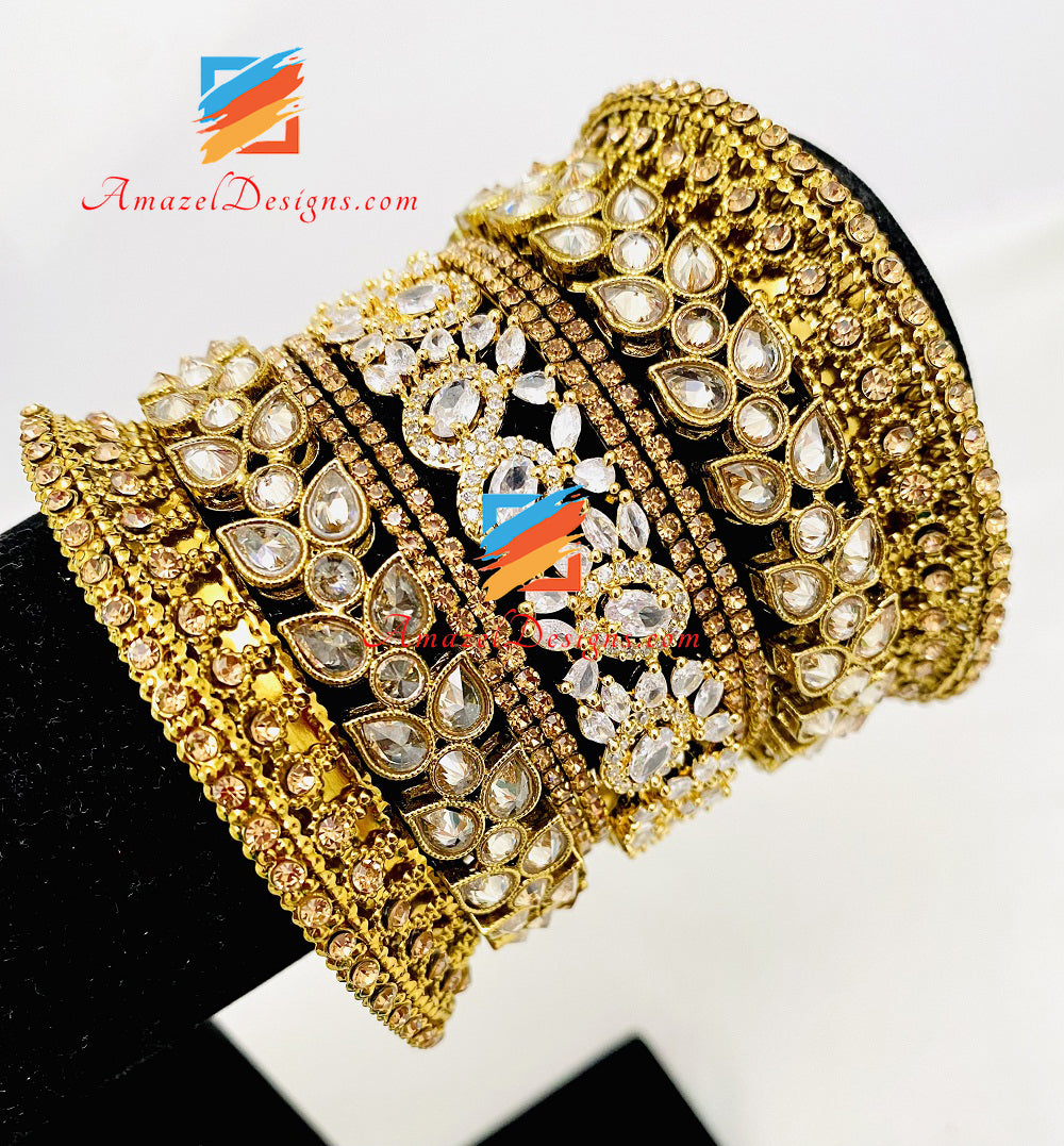 Polki Golden American Diamond AD Kada Armreifen-Set