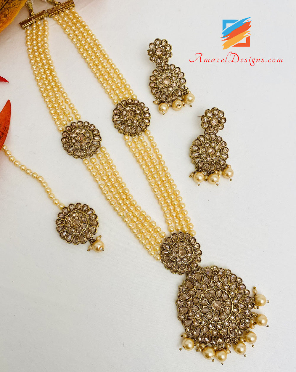 Polki oro lungo Mala Rani Haar orecchini Tikka Set