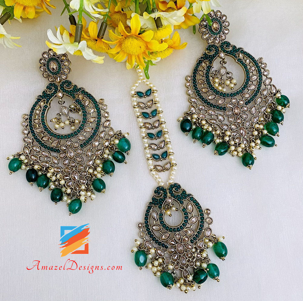 Polki Green Beads Oversized Earrings And Tikka Set – Amazel Designs
