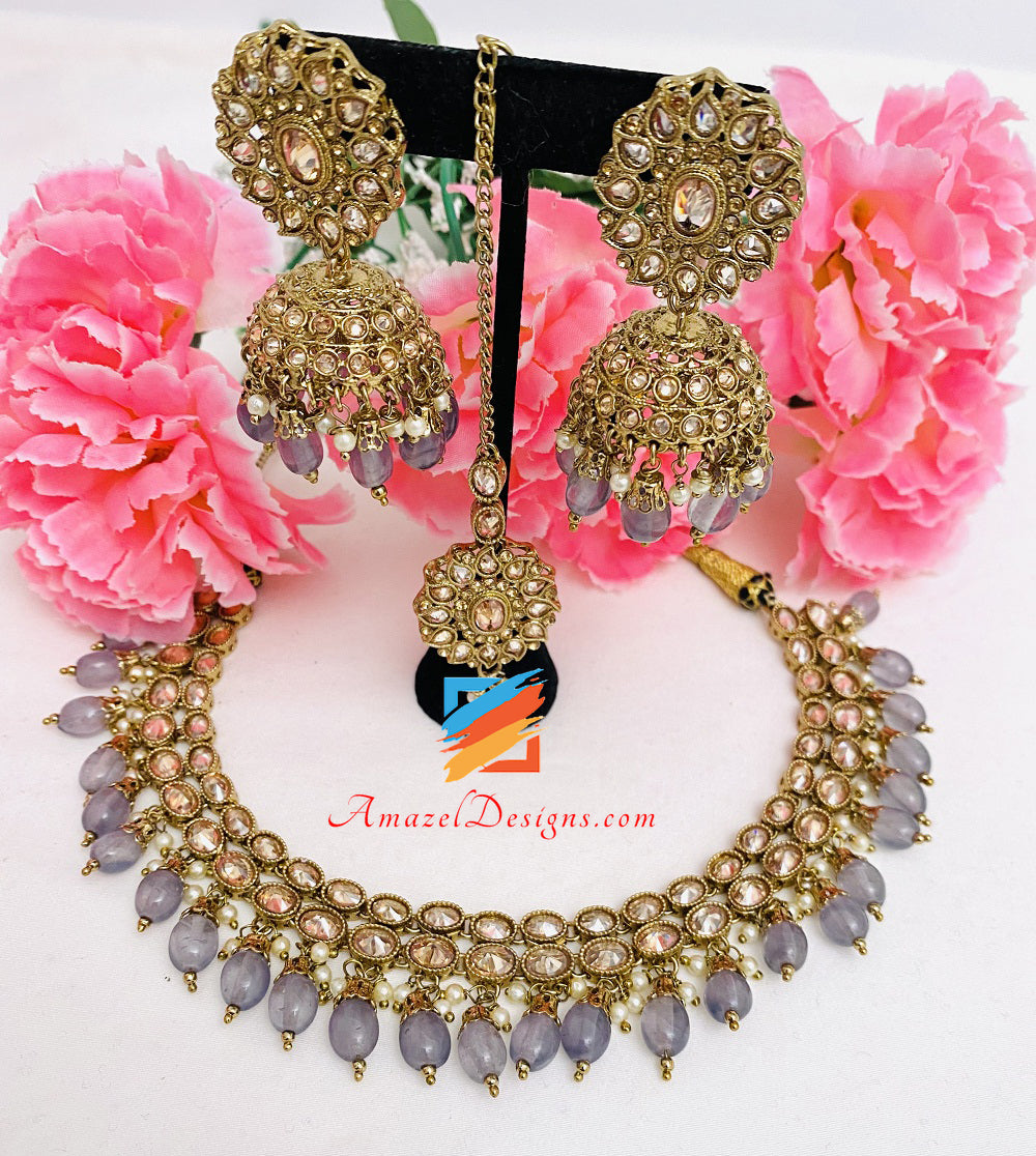 Collana Polki Grey Orecchini Jhumki Set Tikka