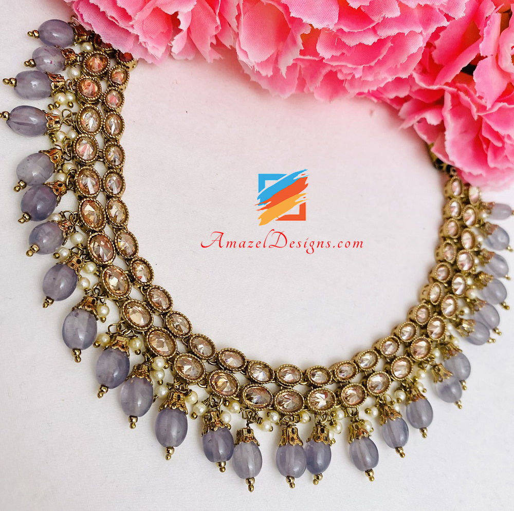 Collana Polki Grey Orecchini Jhumki Set Tikka