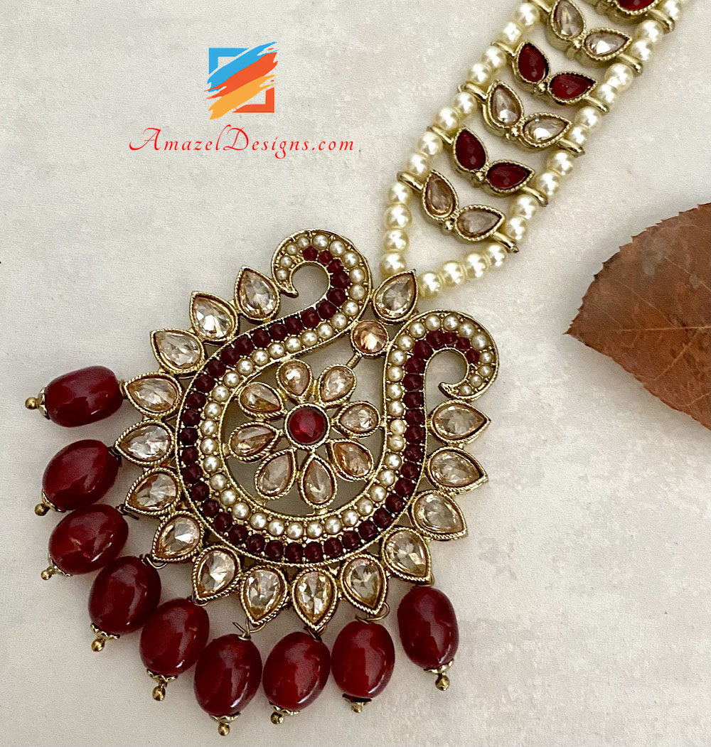 Polki High Quality Maroon Earrings Tikka Set