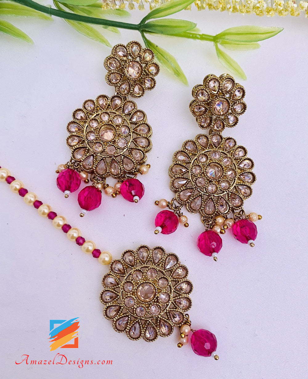 Polki Hot Pink Magenta Long Mala Rani Haar Orecchini Tikka Set