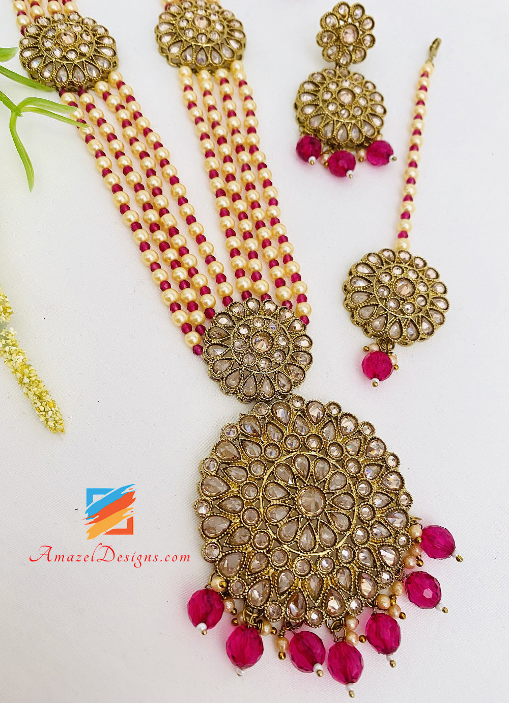 Polki Hot Pink Magenta Long Mala Rani Haar Orecchini Tikka Set
