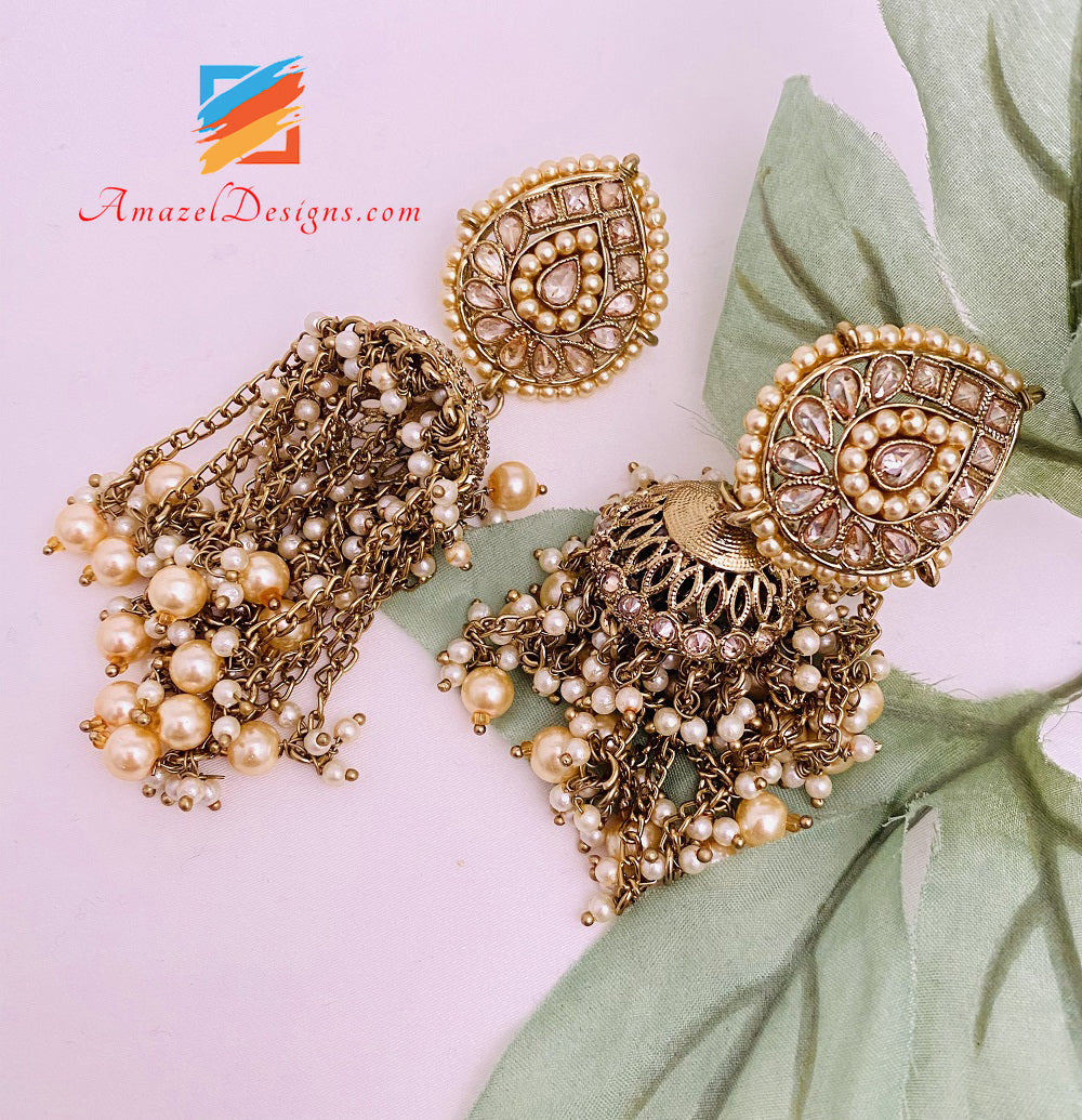 Orecchini Polki Jhumki con nappe a catena pendenti con perline