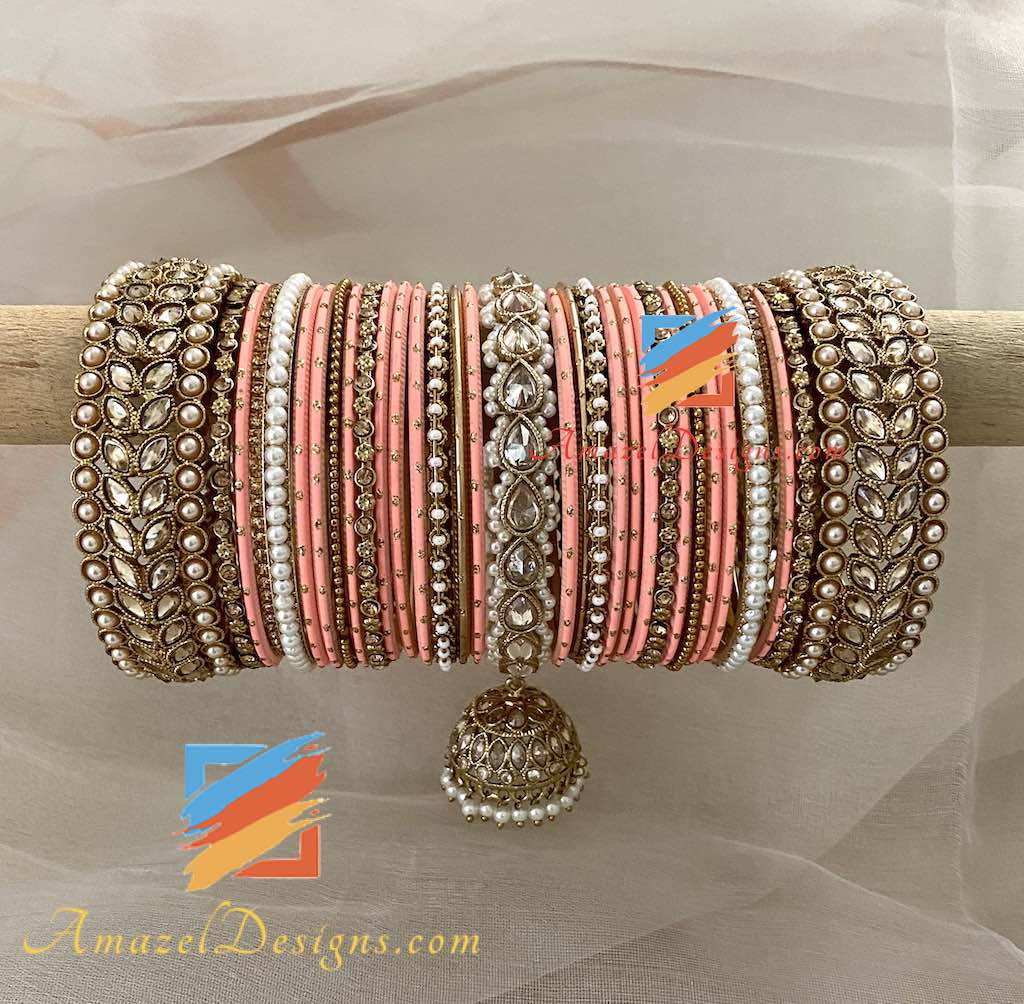 Polki Jhumki Pfirsich-Armreif-Set
