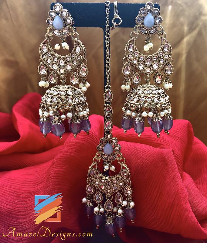 Polki Jhumki con orecchini di perline grigie Set Tikka