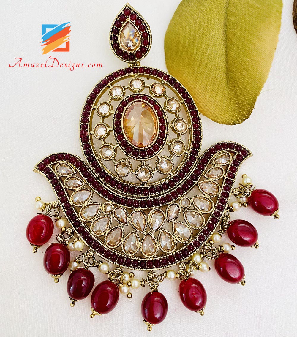 Polki Maroon Oversized Earrings And Tikka Set